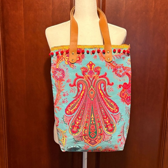 Roberta Roller Rabbit Colorful Paisley  Pom Pom Tote Bag - Picture 1 of 8
